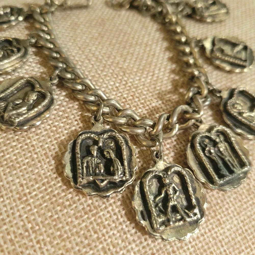 Vintage Ten Commandments Religious Charm Bracelet Silver Tone 7 Inch Cottagecore